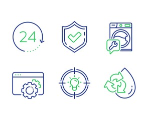 Confirmed, Idea and Seo gear line icons set. 24 hours, Washing machine and Recycle water signs. Accepted message, Solution, Settings. Time. Technology set. Line confirmed outline icons. Vector
