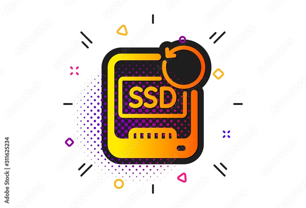 Poster backup data sign. halftone circles pattern. recovery ssd icon. restore information symbol. classic f