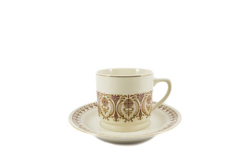 A vintage porcelain cup & saucers isolated on white background.