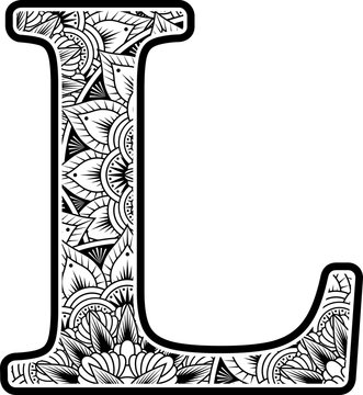 capital letter l with abstract flowers ornaments in black and white. design inspired from mandala art style for coloring. Isolated on white background