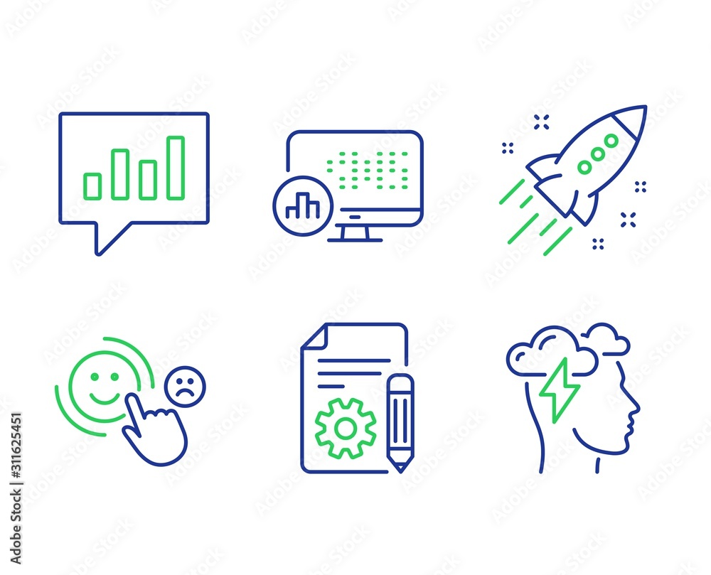 Poster documentation, customer satisfaction and startup rocket line icons set. analytical chat, report stat