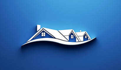 Real Estate Houses in blue background. 3D Render illustration