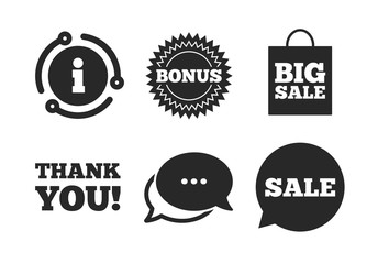 Thank you symbol. Chat, info sign. Sale speech bubble icon. Bonus star circle sign. Big sale shopping bag. Classic style speech bubble icon. Vector