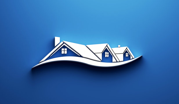 Real Estate Houses in blue background. 3D Render illustration