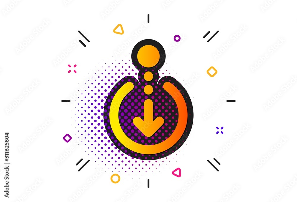 Poster scrolling screen sign. halftone circles pattern. scroll down arrow icon. swipe page. classic flat sc