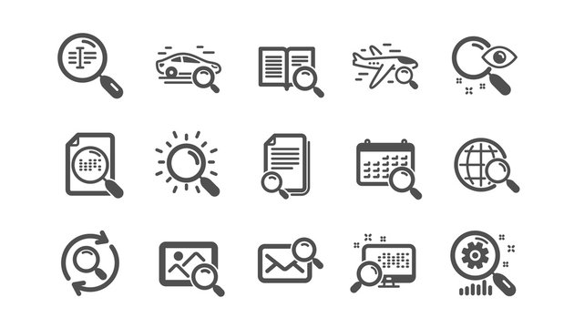 Search icons. Indexation, Artificial intelligence and Car rental. Search images classic icon set. Quality set. Vector