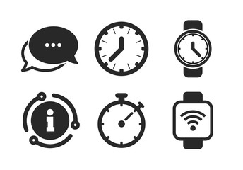 Mechanical clock time, Stopwatch timer symbols. Chat, info sign. Smart watch wi-fi icons. Wrist digital watch sign. Classic style speech bubble icon. Vector