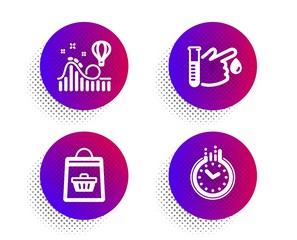 Blood donation, Online buying and Roller coaster icons simple set. Halftone dots button. Time sign. Medicine analyze, Shopping cart, Attraction park. Clock. Business set. Vector