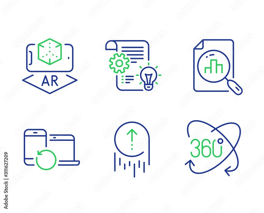 Aufkleber augmented reality, swipe up and analytics graph line icons set. cogwheel, recovery devices and full 
