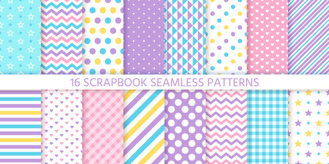 Scrapbook seamless pattern. Vector. Cute chic backgrounds. Set textures with polka dots, stripes, zigzag, hearts, check and stars. Retro print. Pastel illustration. Geometric trendy color backdrop. © maradaisy