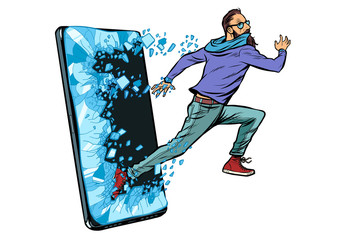 hipster man running Phone gadget smartphone. Online Internet application service program