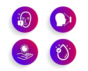 Face attention, Sun protection and Face id icons simple set. Halftone dots button. Vitamin e sign. Exclamation mark, Ultraviolet care, Identification system. Oil drop. Medical set. Vector