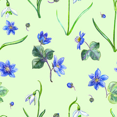 Snowdrops seamless pattern on a pale green background. watercolor illustration, print for fabric and other designs.