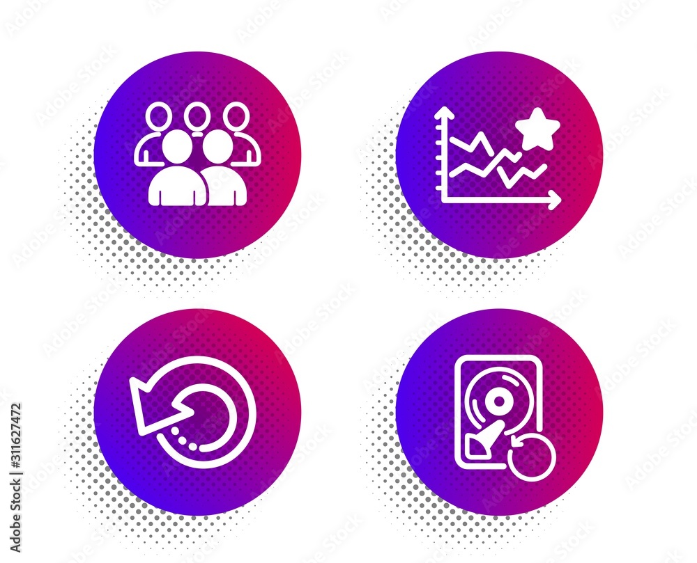 Aufkleber group, recovery data and ranking stars icons simple set. halftone dots button. recovery hdd sign. de