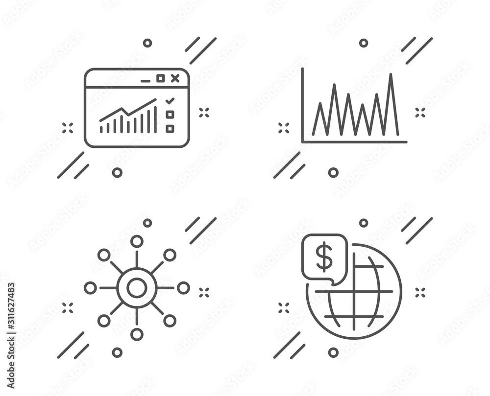 Aufkleber web traffic, multichannel and line graph line icons set. world money sign. website window, multitask