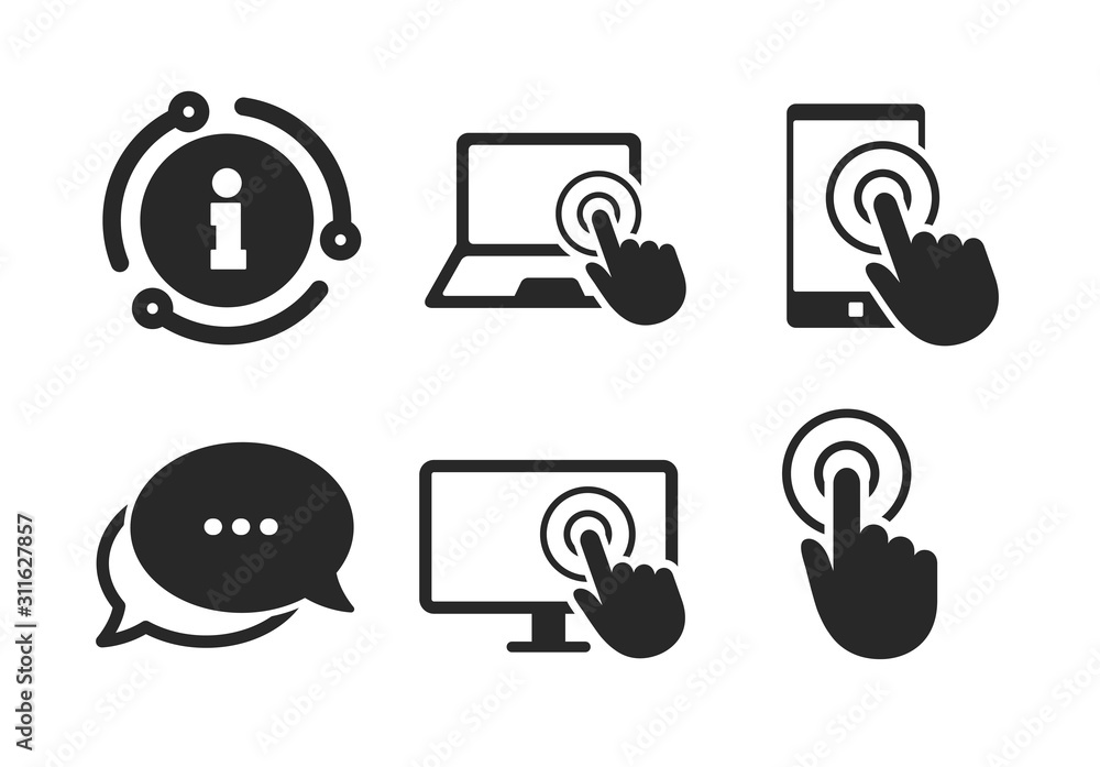 Poster hand pointer symbols. chat, info sign. touch screen smartphone icons. notebook or laptop pc sign. cl