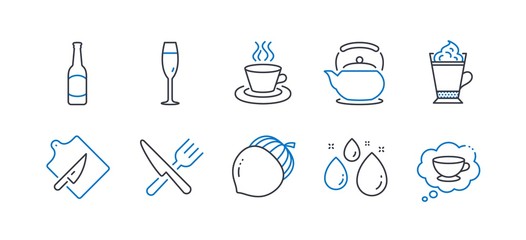Set of Food and drink icons, such as Food, Teapot, Acorn, Water drop, Champagne glass, Beer, Latte coffee, Tea cup, Cutting board, Coffee cup line icons. Cutlery, Tea kettle. Line food icon. Vector