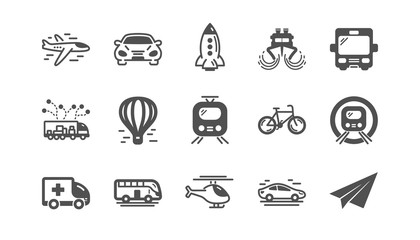 Transport icons. Taxi, Helicopter and Train. Airplane classic icon set. Quality set. Vector