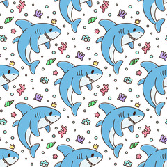 Seamless pattern with shark and pearl, shell, coral, starfish.  Excellent design for packaging, wrapping paper, textile etc.