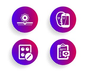 Medical tablet, No sun and Face biometrics icons simple set. Halftone dots button. Eye checklist sign. Medicine pill, Uv protect, Facial recognition. Optometry. Healthcare set. Vector