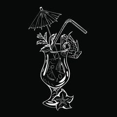 Cocktail sketch drawing white lines on black chalkboard for restaurant menu. Drink glass with straw, umbrella, mint leaf, pineapple slice and Carambola vector illustration.