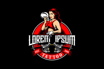 WOMEN WITH TATTOO GUN AND SKULL VECTOR TEMPLATE