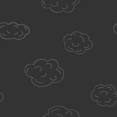 Seamless pattern with hand-drawn cute clouds. White outline on black background.