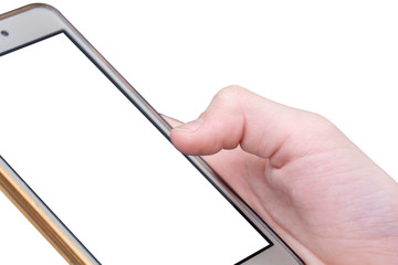 Woman holds a mobile phone with blank screen on a white background. Close-up of hands with a phone...