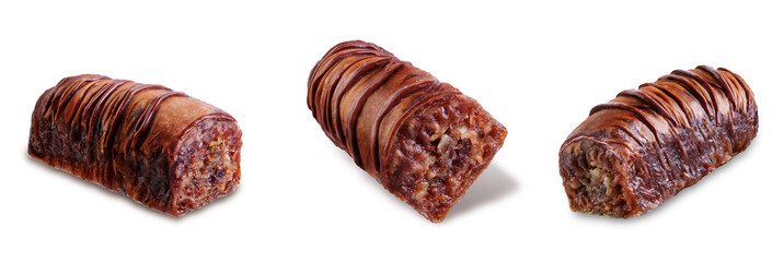 Chocolate nuts baklava, Oriental sweetness on a white isolated background