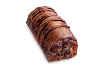 Chocolate nuts baklava, Oriental sweetness on a white isolated background