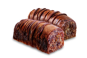 Chocolate nuts baklava, Oriental sweetness on a white isolated background