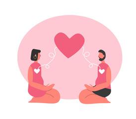 Cute vector illustration of two romantic people in love on St Valentine Day. Man and woman with connected hearts on greeting card