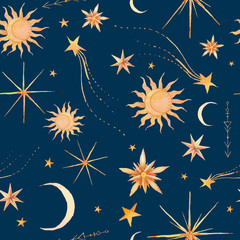 Alchemy wallpaper with stars, sun and moon. Hand painted repeating design. Watercolor illustration