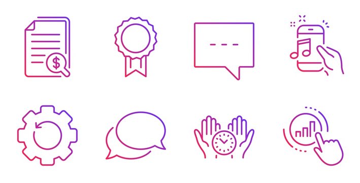 Music phone, Messenger and Safe time line icons set. Financial documents, Reward and Recovery gear signs. Blog, Graph chart symbols. Radio sound, Speech bubble. Education set. Vector
