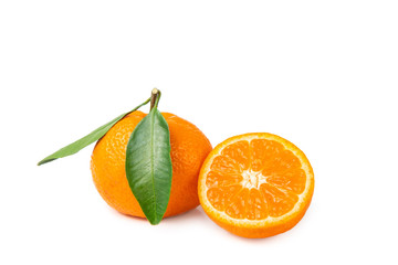 Fototapeta na wymiar Fresh, bright fruits. Tangerines with leaf on a white isolated background.