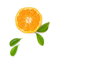 Half tangerine with leaf on a white isolated background. Fresh, bright fruits. Top view. Flat lay