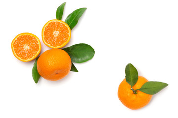 Tangerines with leaf on a white isolated background. Fresh, bright fruits. Flat lay. Top view.