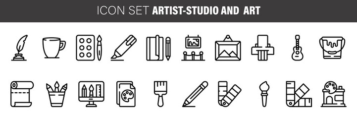 Set of linear icons. art and artist-studio tools and supplies for scrapbooking