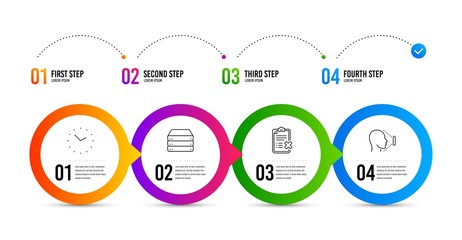 Time, Reject checklist and Servers line icons set. Timeline infographic. Face id sign. Clock, Decline file, Big data. Identification system. Technology set. Time icon. Timeline diagram. Vector