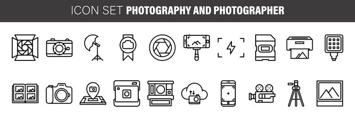photographer and photography flat icon set. Collection outline symbols for web design, mobile app.