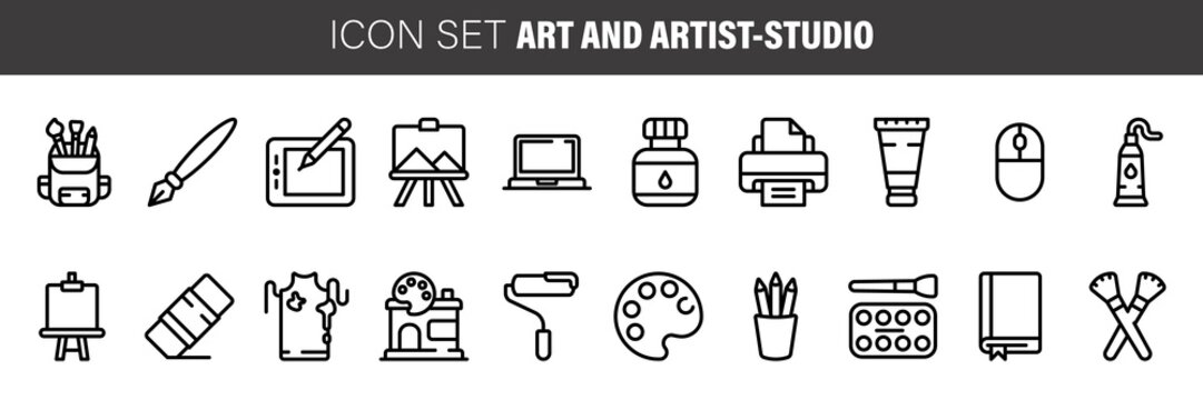 Set of linear icons. art and artist-studio tools and supplies for scrapbooking