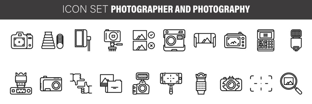 photographer and photography flat icon set. Collection outline symbols for web design, mobile app.
