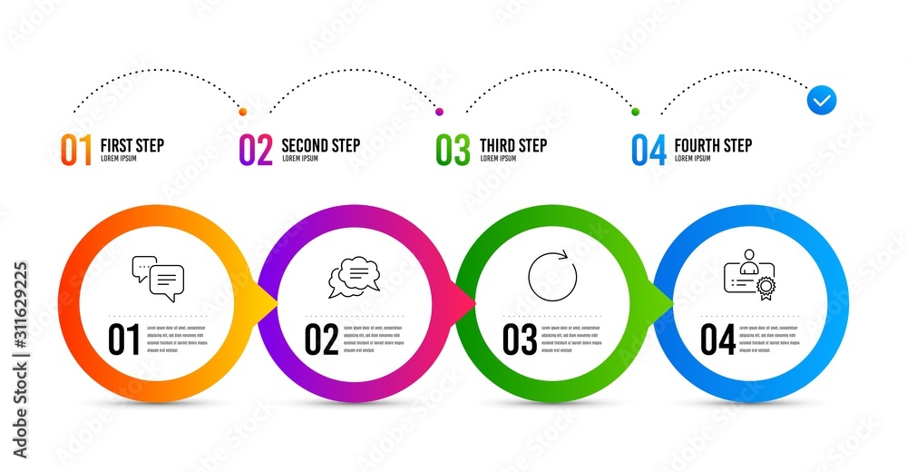 Poster dots message, synchronize and text message line icons set. timeline infographic. certificate sign. c