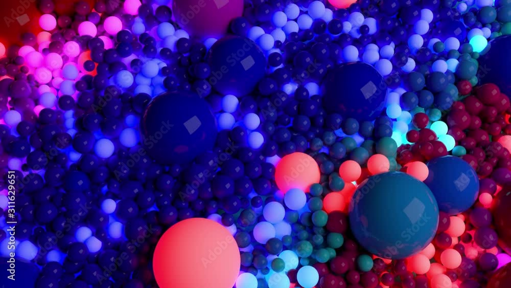 Poster dark composition with colorful balls that cover the surface, some of which glow. 3d in 4k abstract b