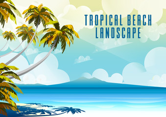 Fototapeta na wymiar Polynesia Tahiti Tropical Beach Landscape with Palm Trees and island in the background.