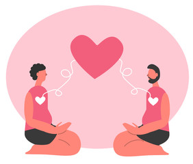 Cute pink illustration of two men in love with interconnected hearts on St Valentine Day. Lgbt queer homosexual lovers on pink background