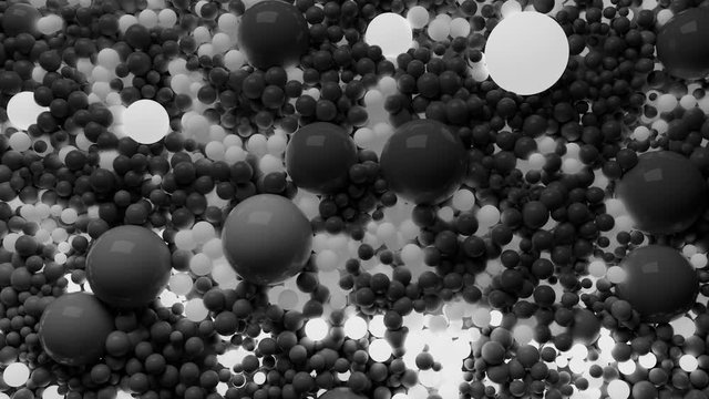 4k 3D seamless loop animation of beautiful gray and white small and large spheres or balls cover plane as abstract geometric background. Some spheres glow. 3