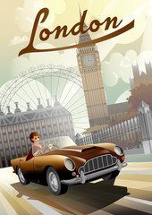 A young girl driving a retro car on the background of nglish houses and the Big Ben in London.