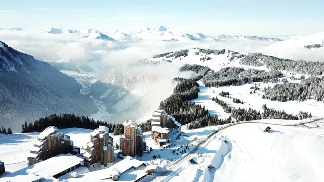 4k ungraded drone Aerial view of Avoriaz mountain station in France