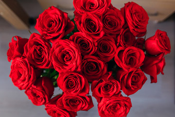 Top view of a beautiful bouquet of red roses